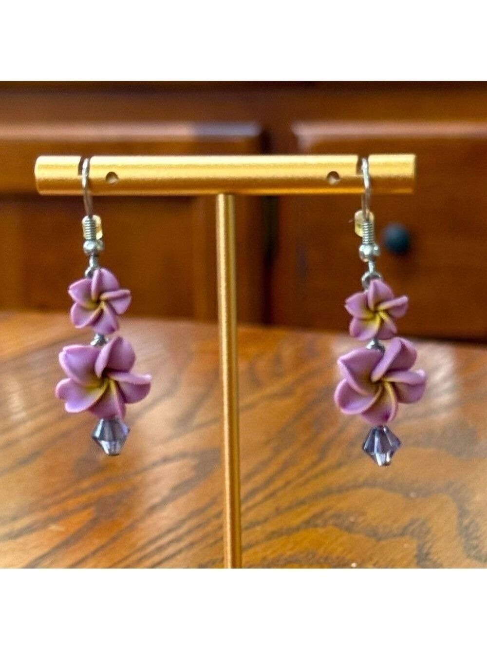 Purple Floral & Crystal Earrings Dangle Luau Hawaii